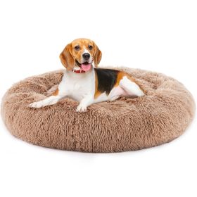 Anti-Slip Round Fluffy Plush Faux Fur Dog Bed, large Brown