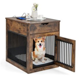 2-In-1 Dog House with Drawer & Wired Wireless Charging (Color: Rustic Brown)